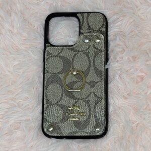 Coach Signature Pattern Phone Case with Gold Ring for iPhone 13 Pro Max